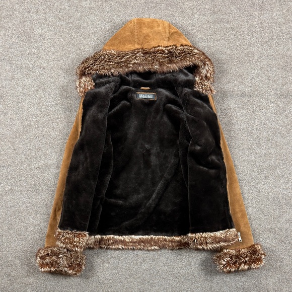 Vintage Canvas Brown Genuine Suede Fur Lined Hooded Full Zip Jacket Women’s XL - Picture 3 of 10